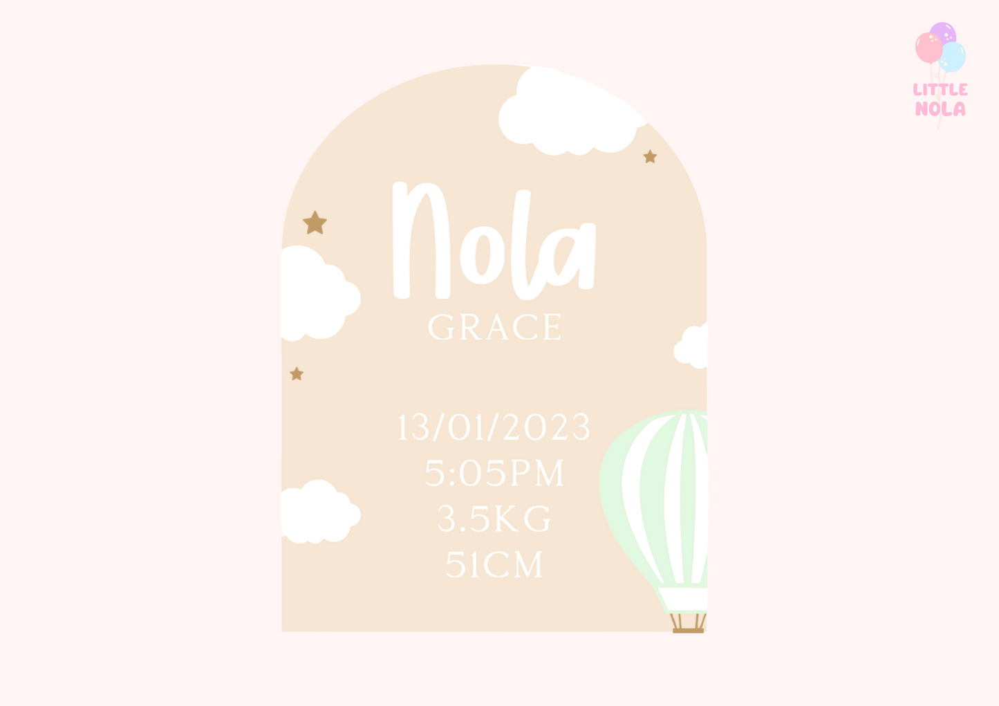 Full Arch Birth Details Plaque - Hot Air Balloon