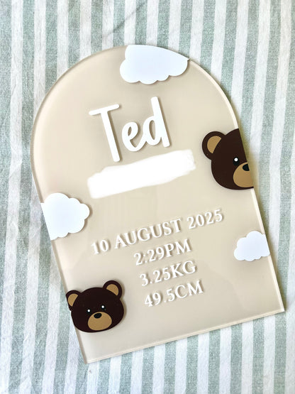 Full Arch Birth Details Plaque - Teddy Bear